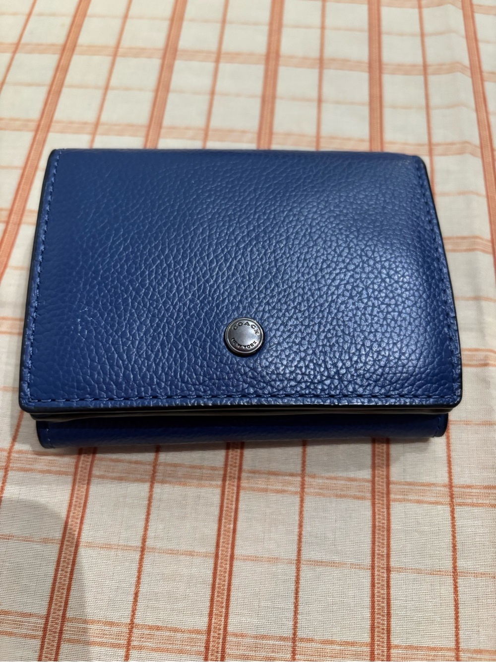 Coach Navy Blue Pebbled Leather Trifold Snap Wallet